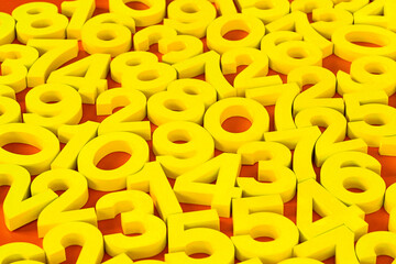 Volumetric plastic yellow numbers on an orange background. Illustration.