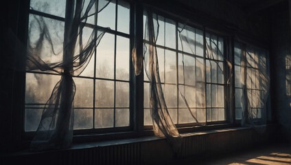 Surreal and ethereal blurred windows, soft shadow overlays on textured wallpaper, creating a dreamy abstract ambiance.