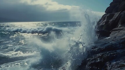 Showcase the raw power of crashing waves against a rocky shoreline