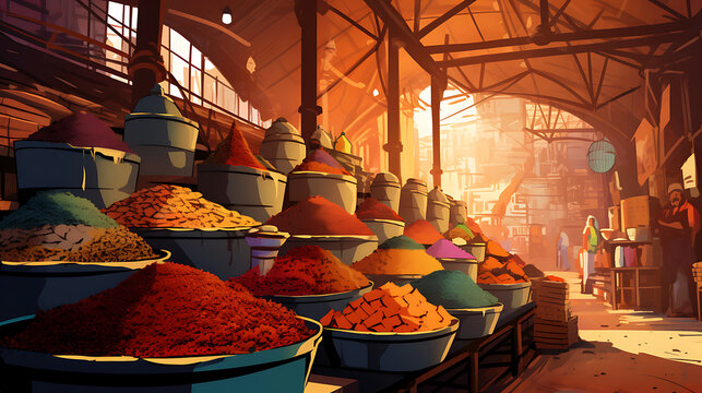 A vector image of a vibrant Indian spice market.