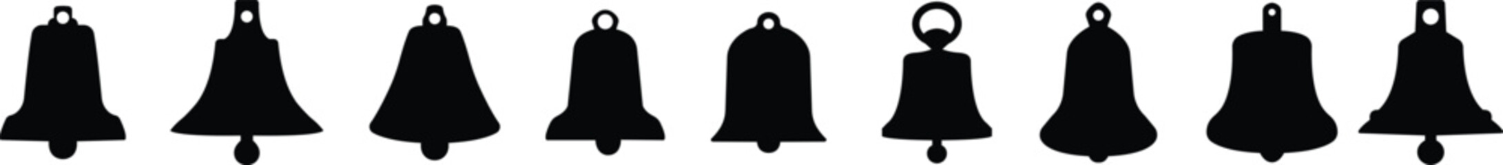 Bell silhouette flat icon set. Incoming inbox message ringing, notification for clock and smartphone, alarm alert black color vector collection isolated on transparent background.