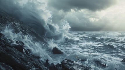 Showcase the raw power of crashing waves against a rocky shoreline - obrazy, fototapety, plakaty