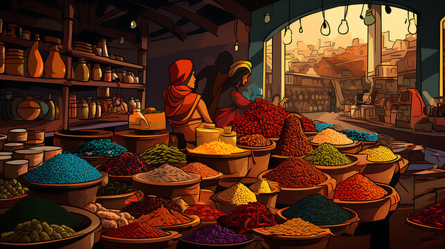 A vector image of a vibrant Indian spice market.