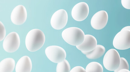 White Eggs Floating on Soft Blue Backdrop
