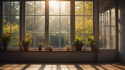 Sunny and cheerful blurred natural light windows, soft shadow overlays on textured wallpaper, forming a radiant positive background.