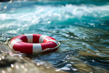 Naklejka premium lifebuoy on a beach with surf and clear blue sea in the background. Neural network generated image. Not based on any actual scene or pattern.