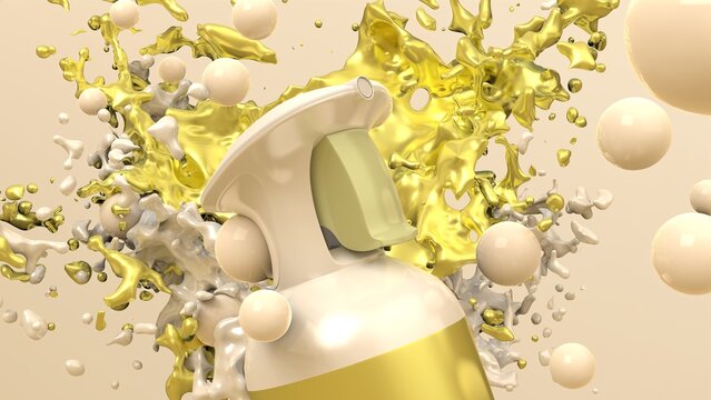 3d rendering picture of glossy spray bottle with paint splash on yellow background with floating bubbles. Abstract wallpaper. Dynamic wallpaper. Modern cover design. 3D illustration.