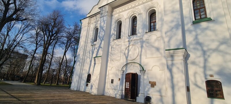 Ukrainian famous church of XII century. Cyril medieval church - today a museum. Scenic light in the dark. Heritage ancient and modern fresque on the walls.