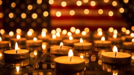 Numerous tealight candles glowing warmly with the American flag in the backdrop. - obrazy, fototapety, plakaty