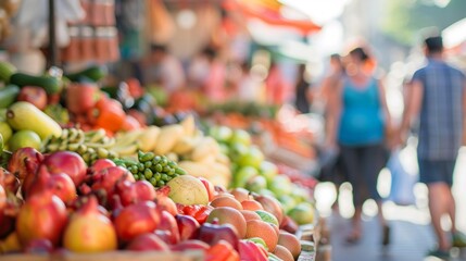 Vibrant display of fresh fruits and vegetables at a lively outdoor market.