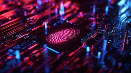 Digital fingerprint recognition concept on a neon red lit circuit board, symbolizing advanced security technology. - obrazy, fototapety, plakaty