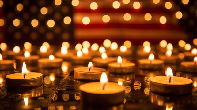 Numerous tealight candles glowing warmly with the American flag in the backdrop.