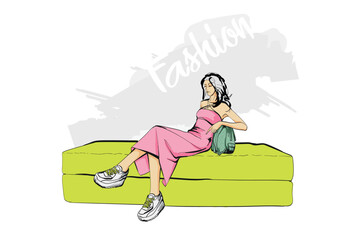 Fashion woman in a beautiful dress sitting on the sofa. Vector illustration. - 749932952