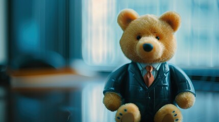 An adorable bear statue clad in professional workwear, combining a serious business look with a playful edge, perfect for decorating an office space.