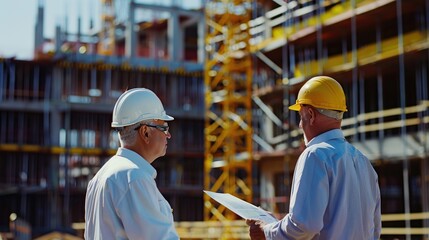 Two industry leaders, an architect and a construction manager, engaged in a project discussion at a busy construction site, ideal for narratives on leadership and project management