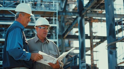 An architect and a construction manager engaged in a detailed project discussion on an industrial construction site, ideal for depicting industrial management and collaboration