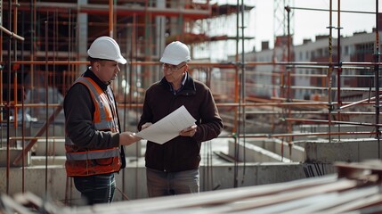 Two professionals discussing plans on a construction site, highlighting themes of development, teamwork, and industry, perfect for business and construction publications