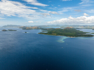 Islands and Islets in Coron. Blue sky and clouds. Palawan, Philippines.
