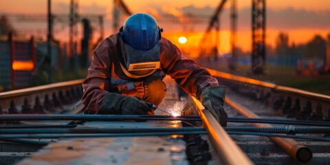 A welder in protective gear diligently works on a steel structure against a twilight sky.