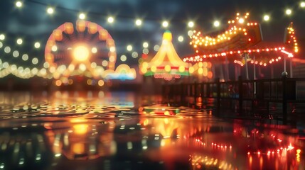 Seaside carnival with bright lights and Ferris wheel, with copy space