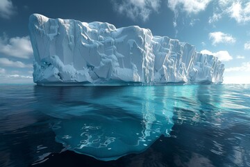 An icebergs tip and submerged section glisten in the sunlit North Sea. - obrazy, fototapety, plakaty