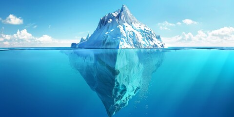 An icebergs tip and submerged section glisten in the sunlit North Sea. - obrazy, fototapety, plakaty