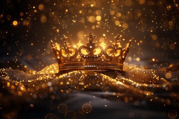 An ornate gold crown with glittering details amidst a sparkling burst of light.