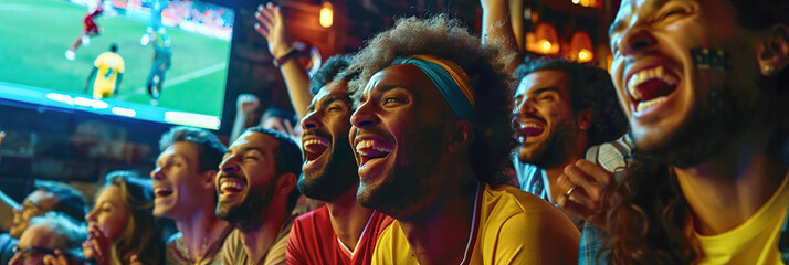 A group of friends cheer enthusiastically, eyes fixed on the TV screen, as they watch a football match at a lively bar.