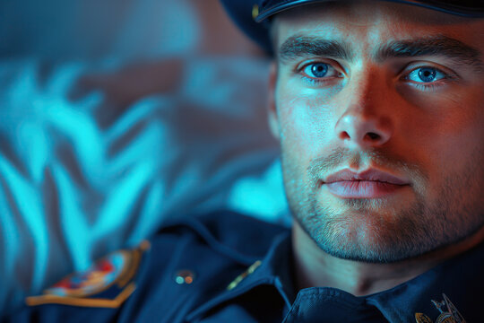 Portrait of attractive man male policeman in a cop police uniform lying in bed. Concept of sex role-playing games and fetish