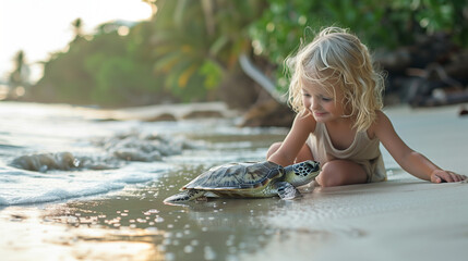 Child kneeling by a sea turtle on the beach.
