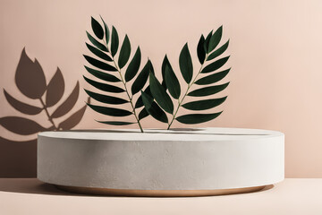 Minimal podium with abstract luxury plant backdrop, ideal for social media banners, promotions, and cosmetic product showcases. The 3D rendering scene, offering an elegant setting. - obrazy, fototapety, plakaty