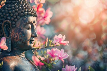 Buddha statue. background blurred flowers and sky with the light of the sun, copy space - generative ai - obrazy, fototapety, plakaty
