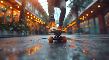 Urban Surfskate Culture, Close-Up of Shoes on Skateboard in City on a Wet Ground, Lifestyle Trendy Skateboarding Fashion. Youth Subculture Movement in City Street. - obrazy, fototapety, plakaty