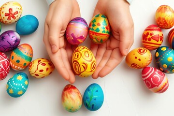 Fototapeta na wymiar Top view Close up of hands holding colored painted bright Easter eggs indoors on white background