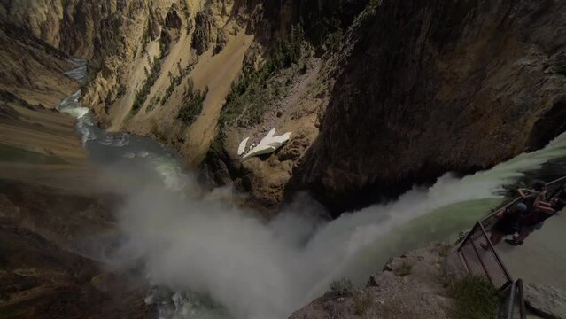 Closeup of Lower falls Yellowstone river. Raging waters. Spray from waterfall.