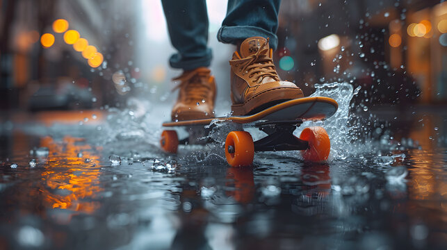 Urban Surfskate Culture, Close-Up of Shoes on Skateboard in City on a Wet Ground, Lifestyle Trendy Skateboarding Fashion. Youth Subculture Movement in City Street.
