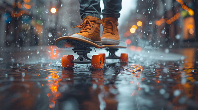 Urban Surfskate Culture, Close-Up of Shoes on Skateboard in City on a Wet Ground, Lifestyle Trendy Skateboarding Fashion. Youth Subculture Movement in City Street.