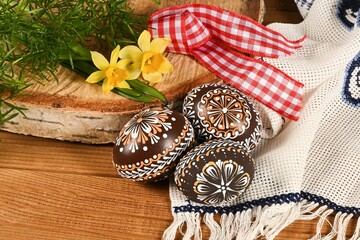 Easter - cheerful colorful Easter eggs - Czech tradition of decorating with wax,
still life with...