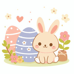 Obraz na płótnie Canvas Little Rabbit With Easter Eggs Vector Illustration