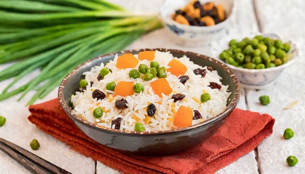Arroz &agrave; grega. Arroz com uva-passa, ervilha e cenoura. Arroz na tigela. Arroz com vegetais.