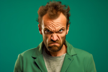 Fototapeta premium Portrait of angry man isolated on green background