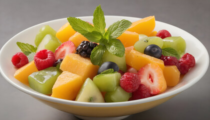 professionally styled fruit salad featuring mint, evoking a sense of refinement and opulence, ideal for businesses showcasing wellness or upscale culinary offerings 