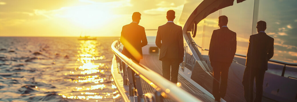 Business meeting on yacht, discussion session on a private yacht.