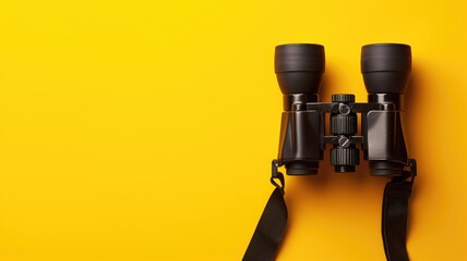 Black binoculars centered on a vibrant yellow background with ample space