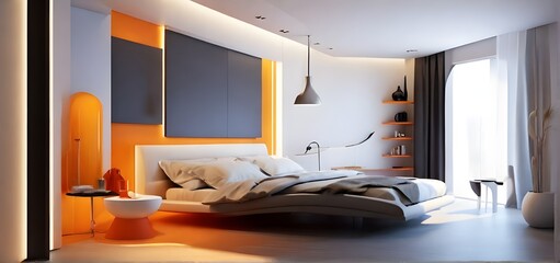 Yellow and warm modern bedroom with neutral wooden interior. Interior of modern bedroom with beige walls,