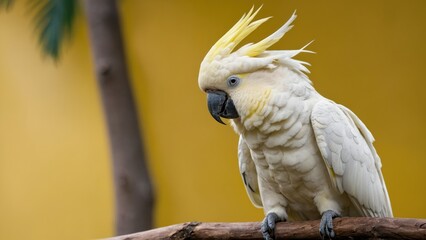 close-up photo of a cockatoo perched on a branch on a yellow background