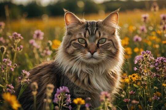 A fluppy cat sitting in a field of wildflowers, basking in the warm sunlight
