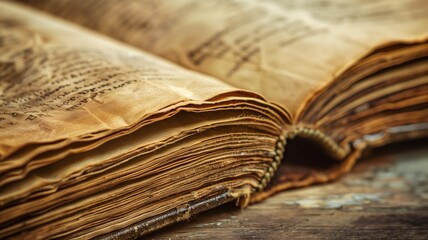 An open antique book displaying yellowed pages on a wooden table