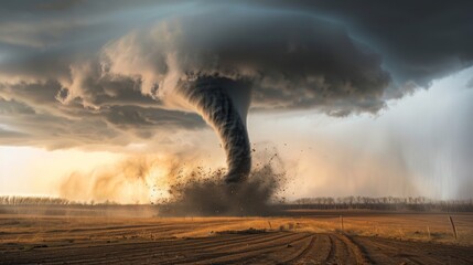 Tornado Fury Unleashed: Funnel Cloud Wreaks Havoc in Open Field, Debris Swirls in Destructive Winds - Stock Image for Documentaries, Films & Climate Change Awareness - obrazy, fototapety, plakaty