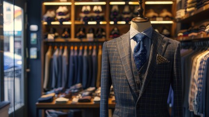 Fototapeta premium A classic suit displayed in a clothing store, showcasing timeless elegance and style.